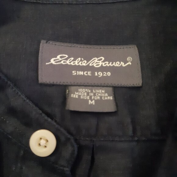 Eddie Bauer SZ M 100% Linen Mandarin Collar Men's Button Up Black Shirt - Picture 4 of 12